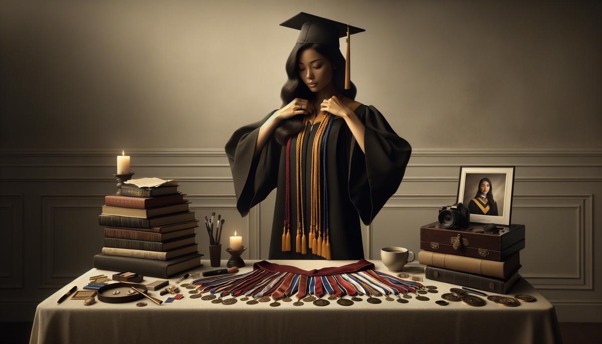 A graduating student preparing for their photo shoot by adjusting their cap and gown, with a selection of meaningful props like honor cords, medals, and personal items laid out on a table.
