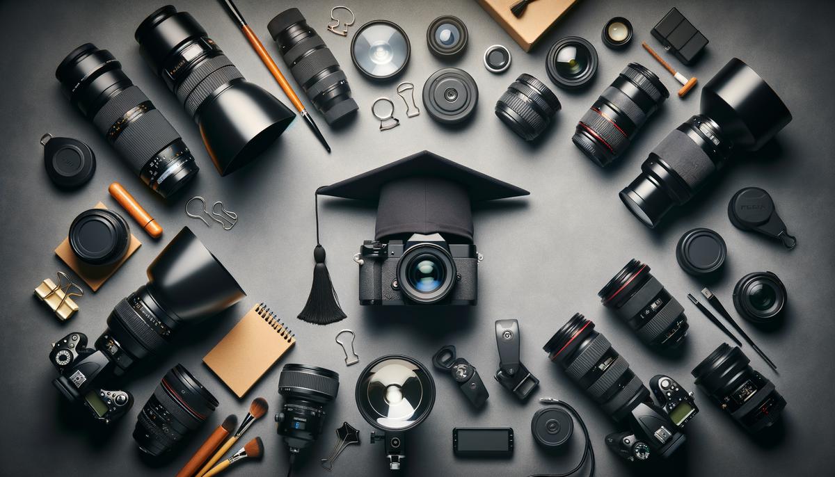 A collection of photography equipment used for graduation photoshoots, including camera, lenses, and lighting gear