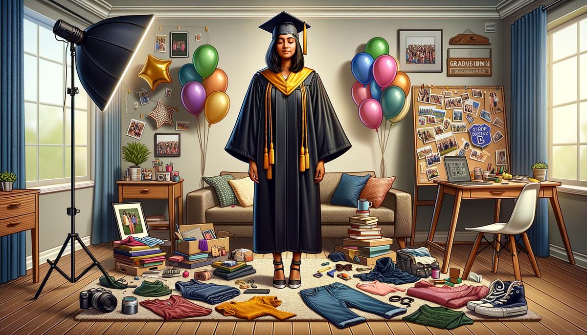 A graduate preparing for a photoshoot with various props and outfits