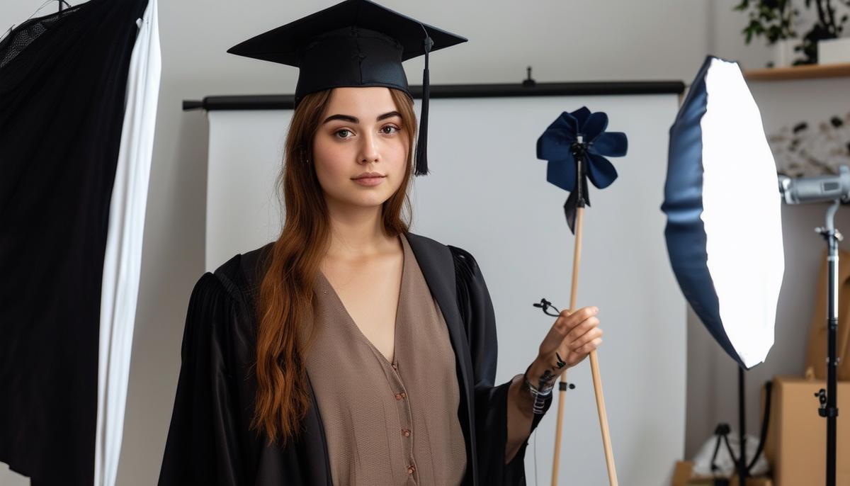 A graduate preparing for a photoshoot with various outfits and props
