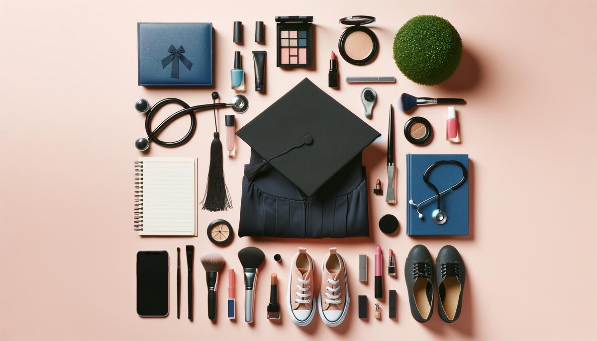 A display of graduation styling props including cap, gown, accessories, and meaningful personal items