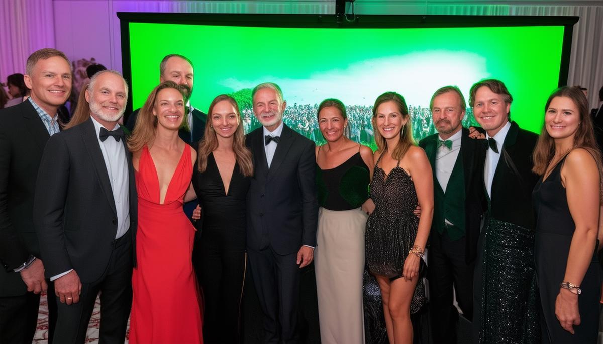 Guests at a gala event posing in front of a green screen, with a monitor showing the final composited image
