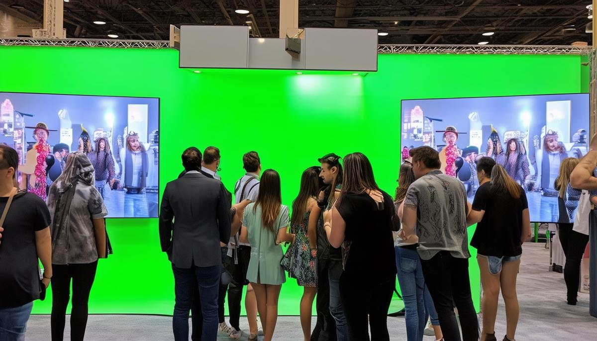 A green screen photo booth at a trade show with attendees posing and viewing their photos on screens
