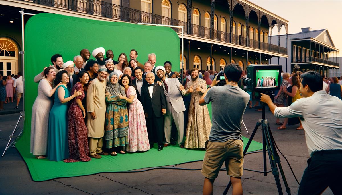 A green screen photography setup at a New Orleans event, with guests posing and seeing instant results