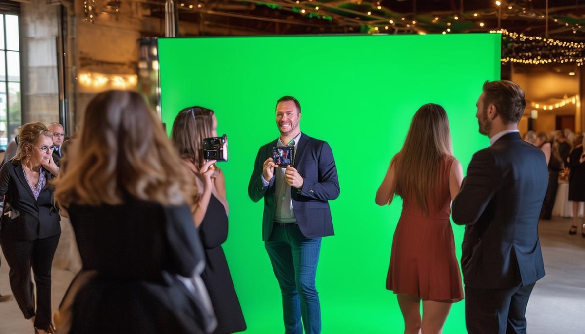 A professional green screen portrait setup at a Dallas corporate event, with guests posing and viewing their customized photos