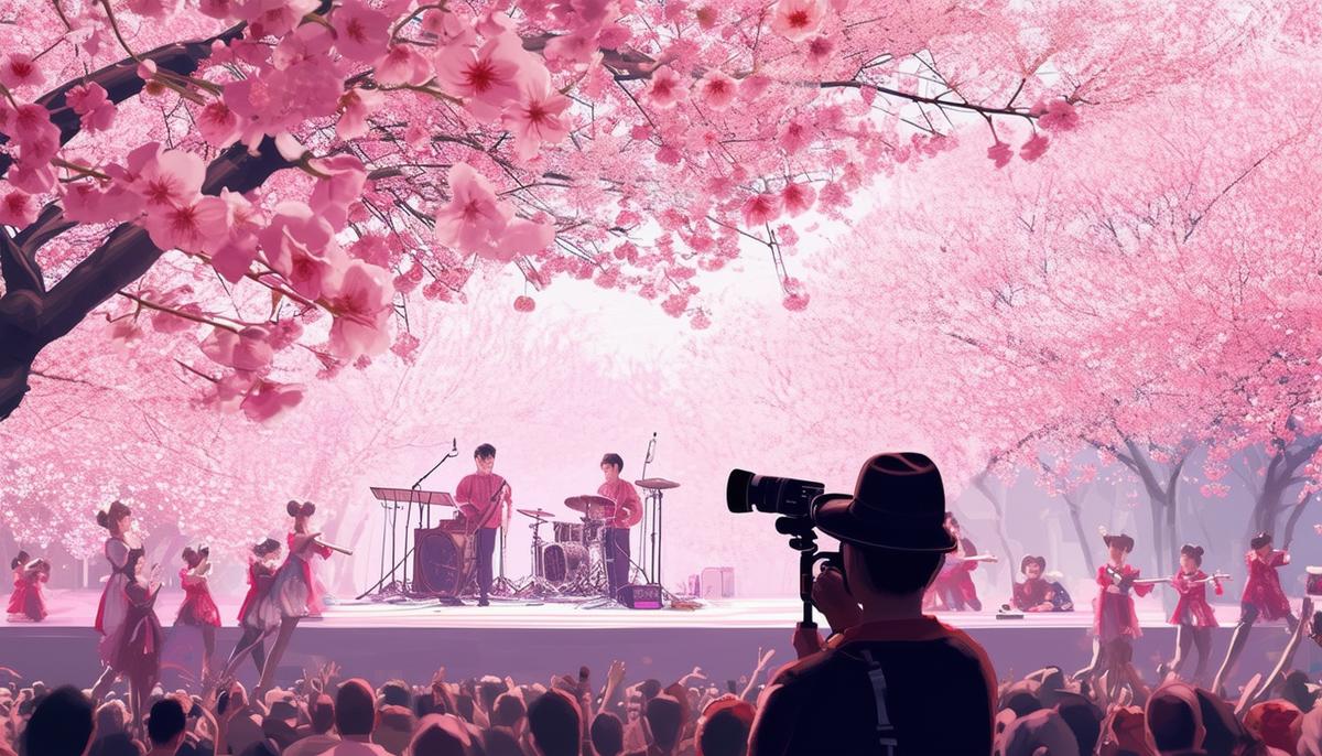 Greg Caparell photographing a performance at the Cherry Blossom Festival
