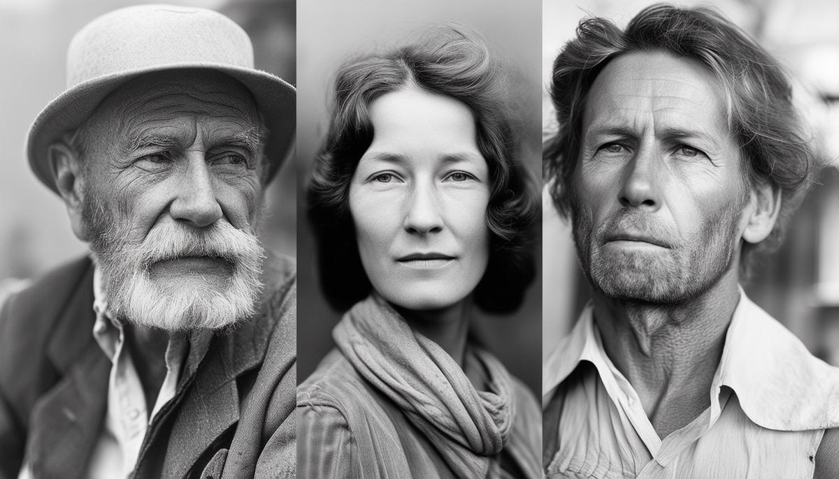 Black and white portrait photographs of Ansel Adams, Imogen Cunningham, and Edward Weston, pioneers of the Group f/64 photography movement, known for their sharp, clear images that captured the essence of their subjects.