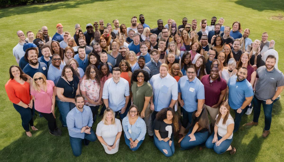 A large group photo of diverse employees smiling and posing together at a company picnic