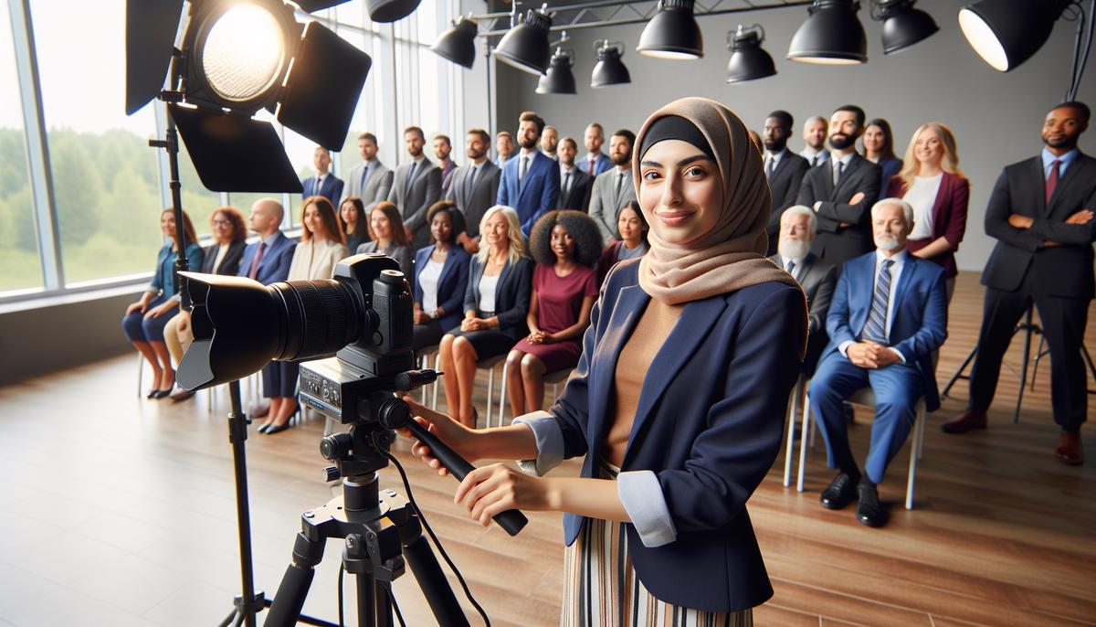 A photographer setting up lighting for a group photo at a company anniversary event