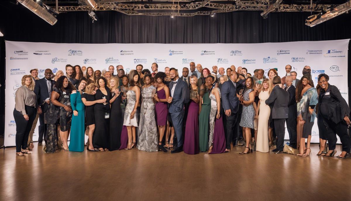 A photographer capturing a group photo of diverse attendees in front of a branded step-and-repeat banner at an awards ceremony