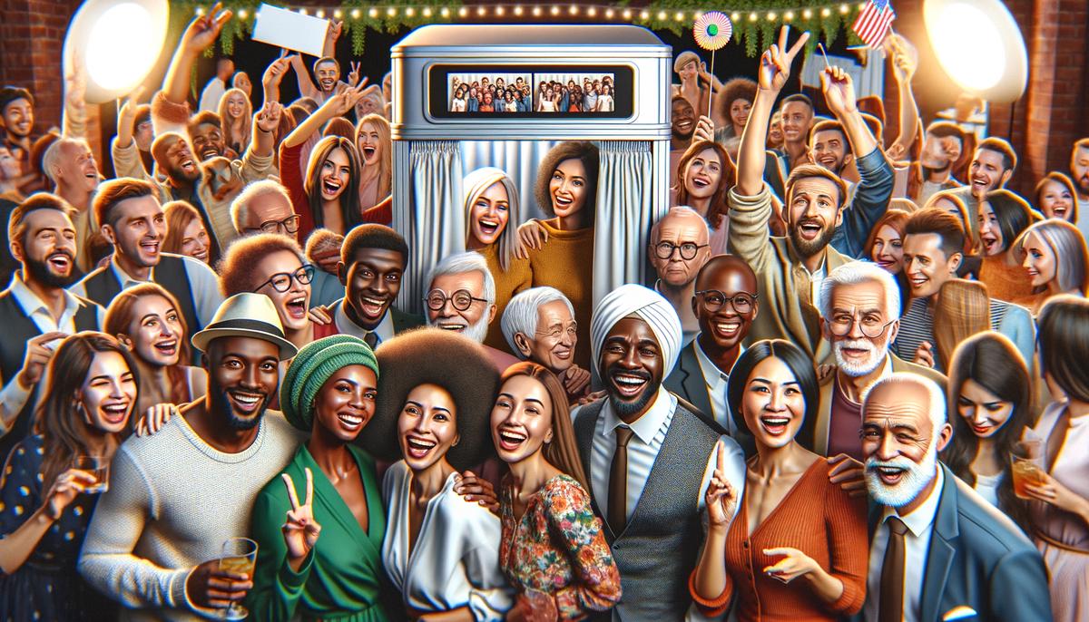 A group of diverse guests enjoying a photo booth, laughing and posing with props