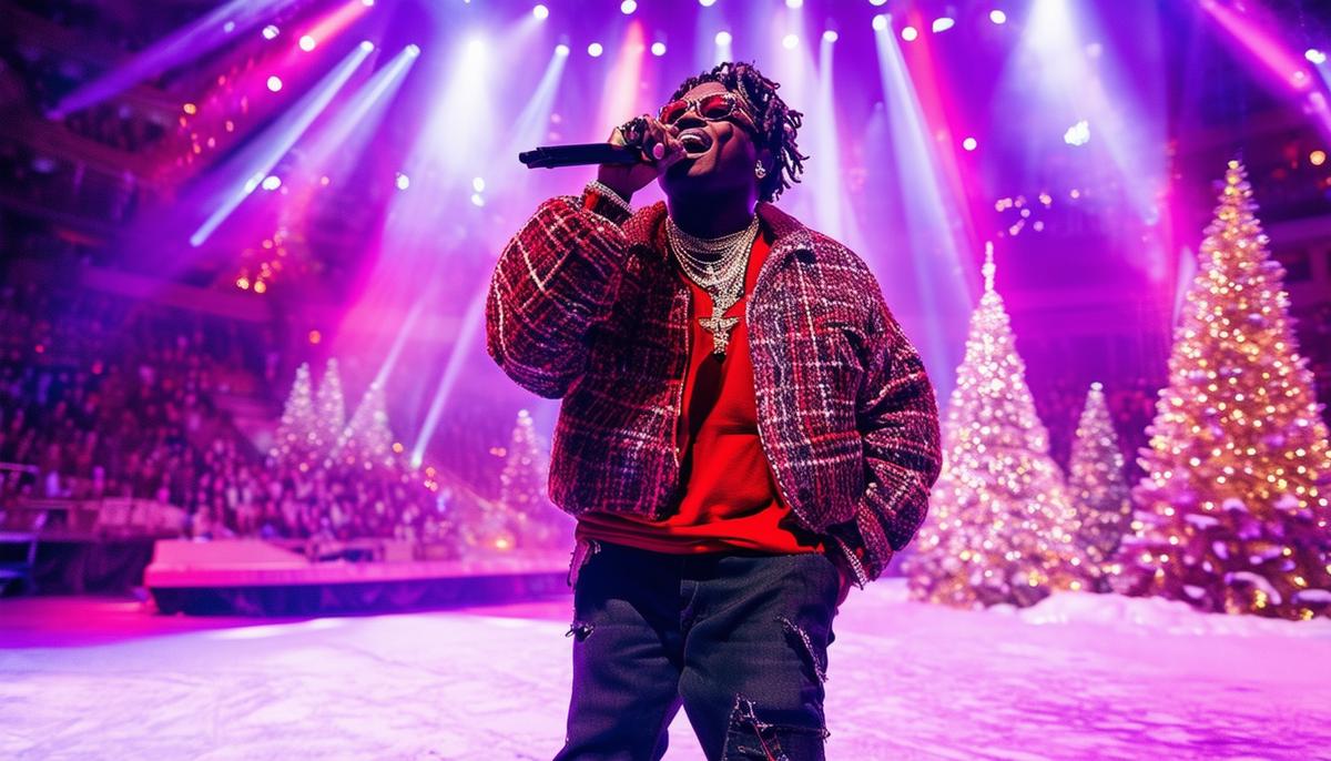Rapper Gunna performing on stage during The Bittersweet Tour at Nashville Municipal Auditorium, surrounded by winter wonderland stage design