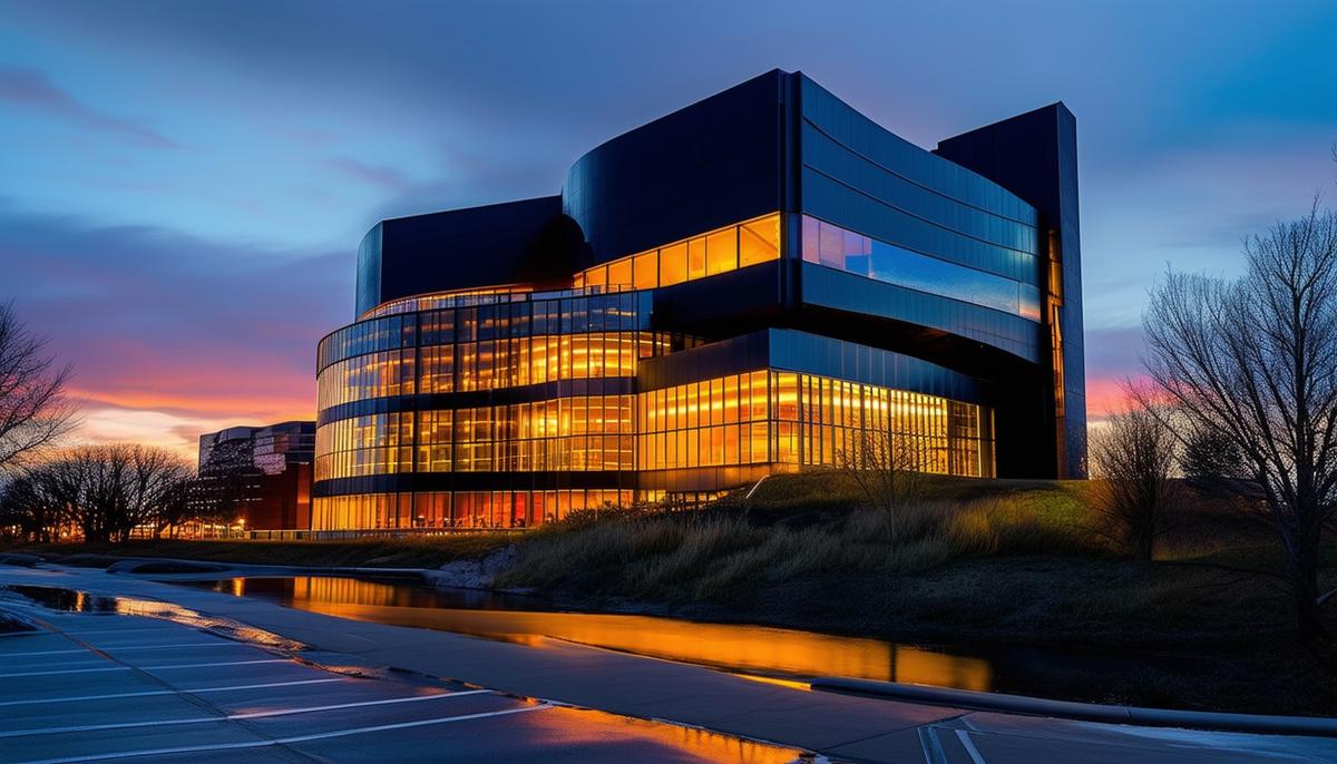 An artistic architectural photograph of the Guthrie Theater showcasing its unique design and lighting