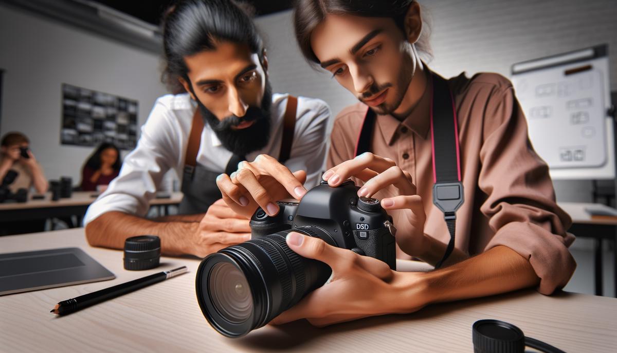 Close-up of hands adjusting camera settings during a workshop lesson