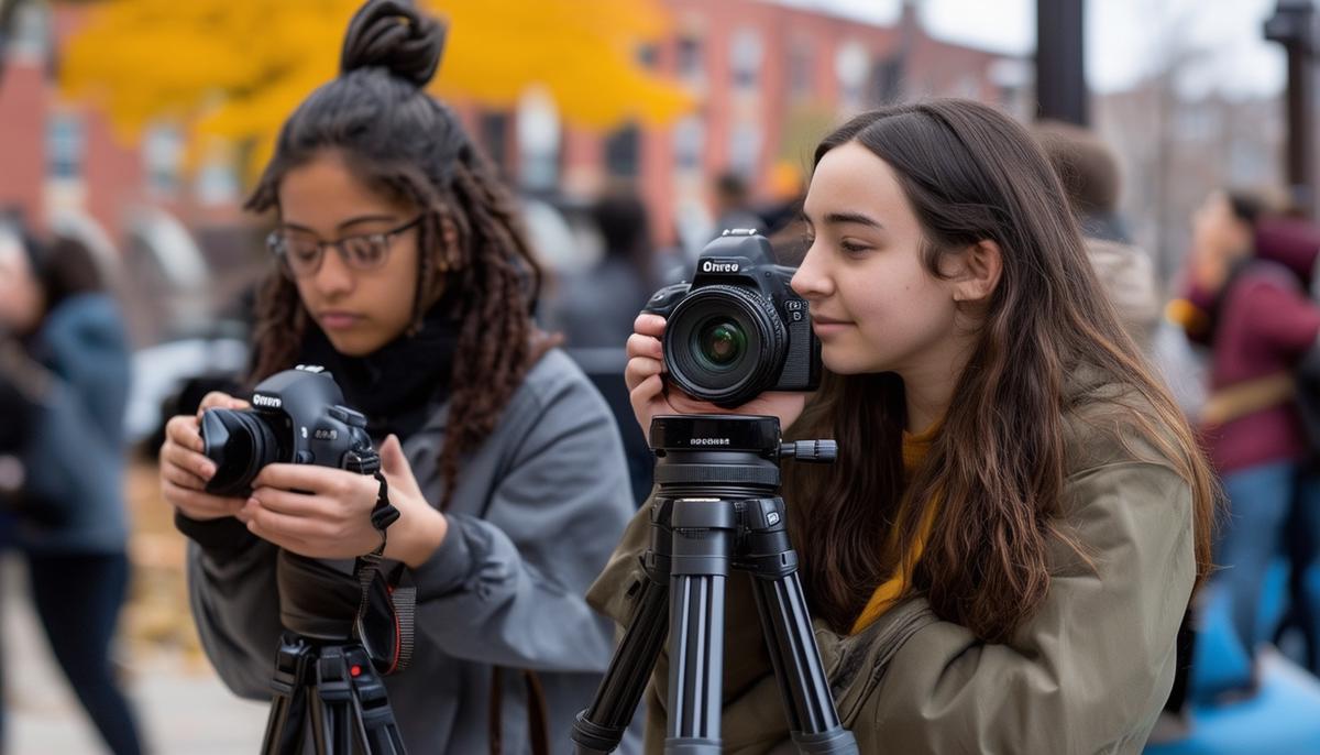 Students engaged in various hands-on photography activities in Boston, including outdoor shoots, darkroom work, and editing sessions