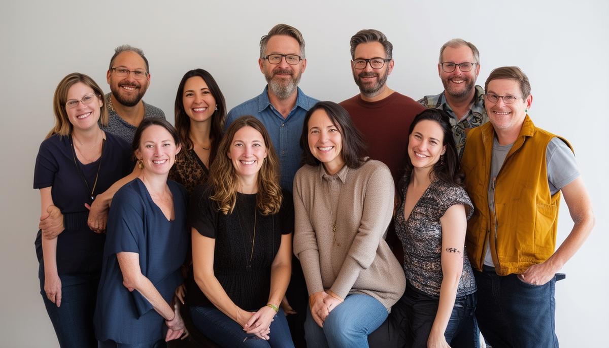A group of satisfied clients and photographers in a Minneapolis photo studio, showcasing positive experiences