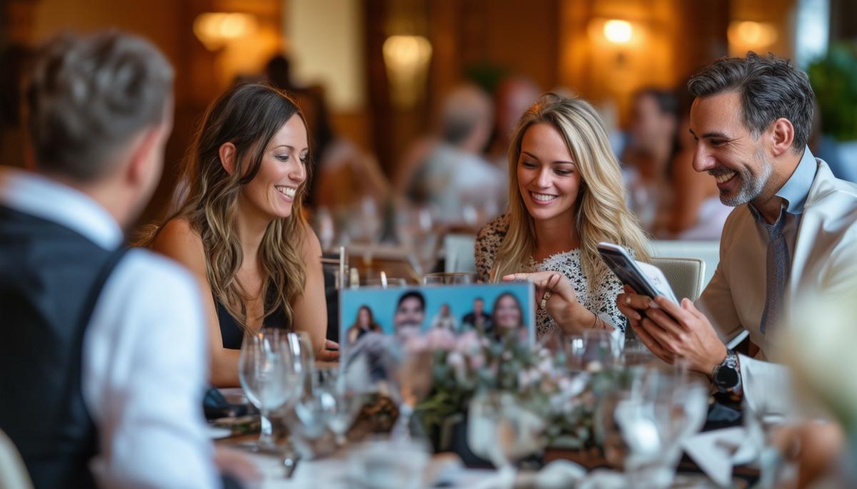 Satisfied clients reviewing corporate event photographs