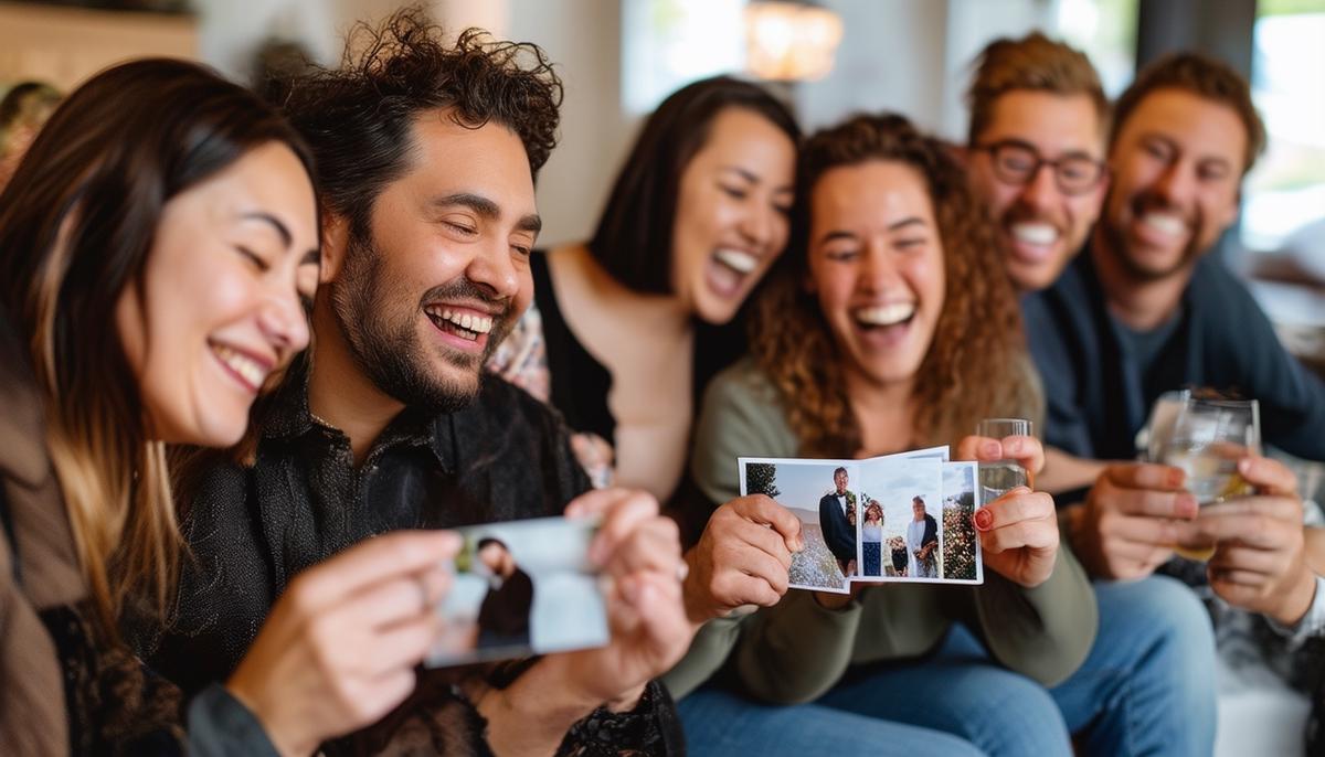 A group of satisfied clients reviewing their event photos with excitement and joy, showcasing the positive experiences with New Jersey event photographers