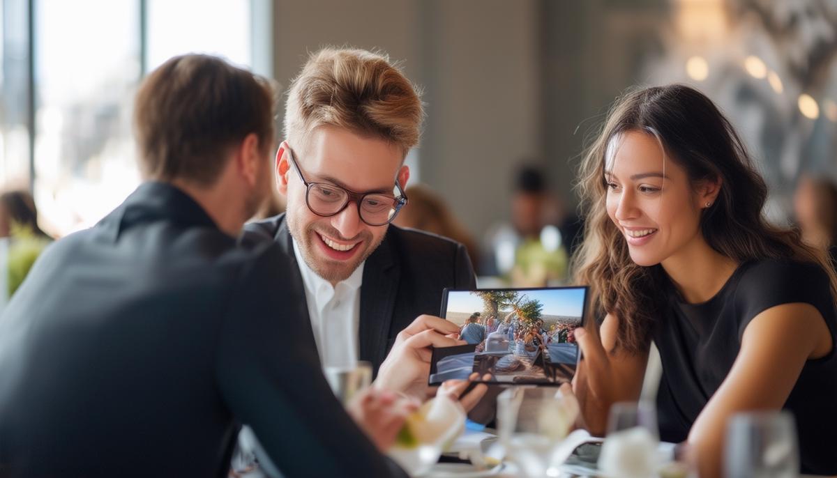Satisfied clients reviewing photos with a corporate event photographer