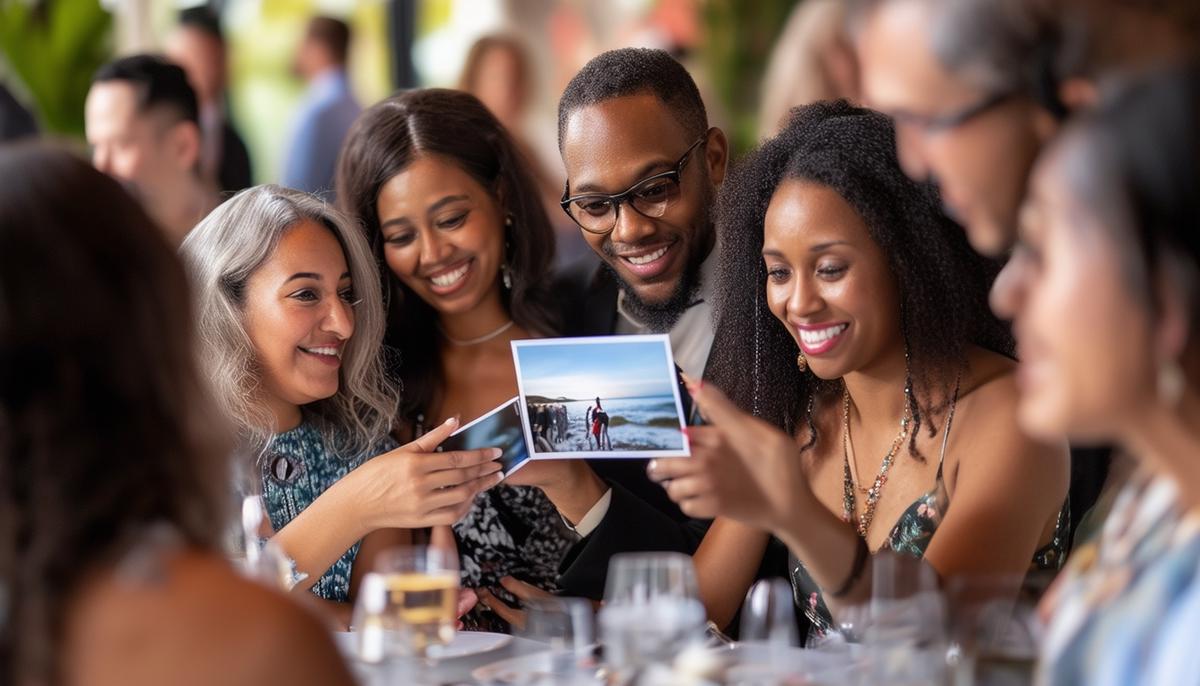 A group of diverse, satisfied clients reviewing photos with Tampa event photographers at a corporate event