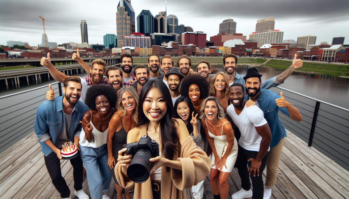 Smiling clients posing with their photographer after a successful birthday photoshoot