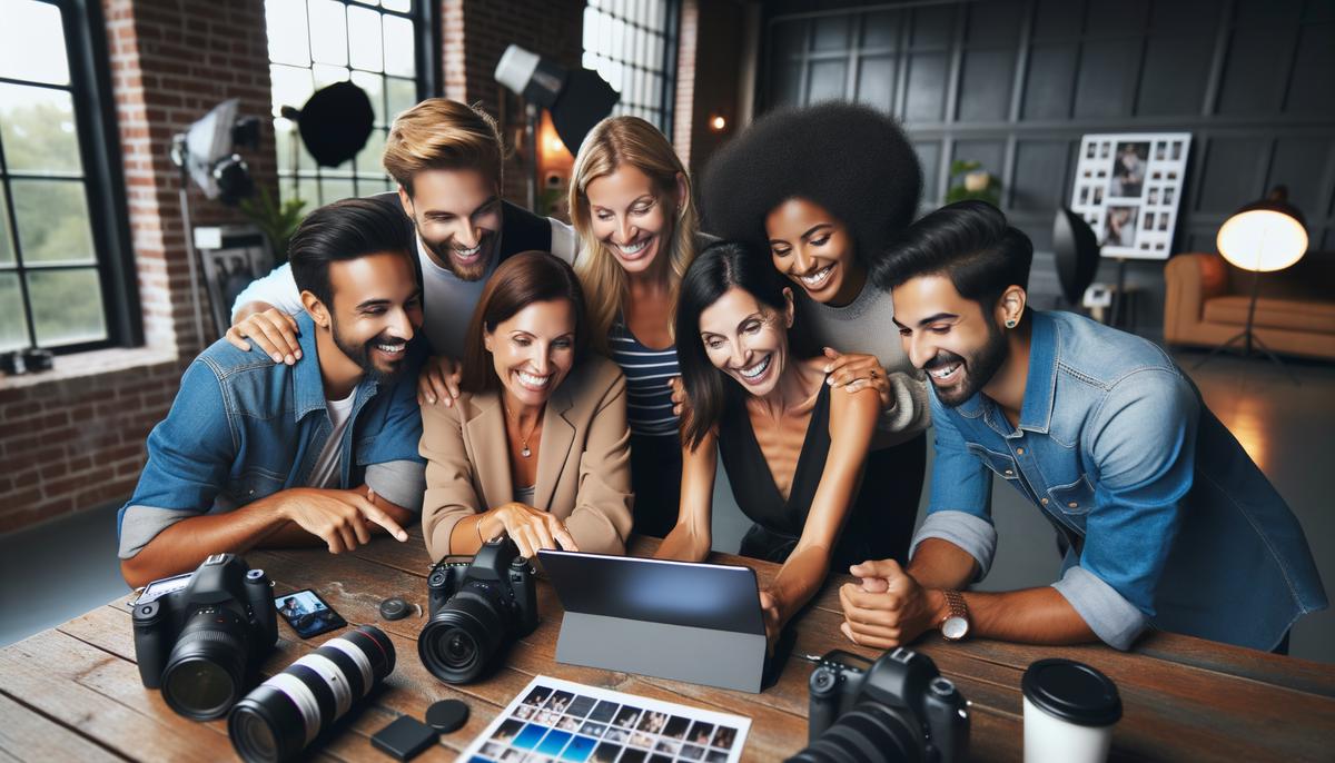 Satisfied clients reviewing photos with their event photographer in Dallas