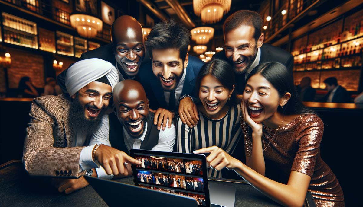 A group of satisfied clients reviewing photos with a nightlife photographer, showing excitement and appreciation