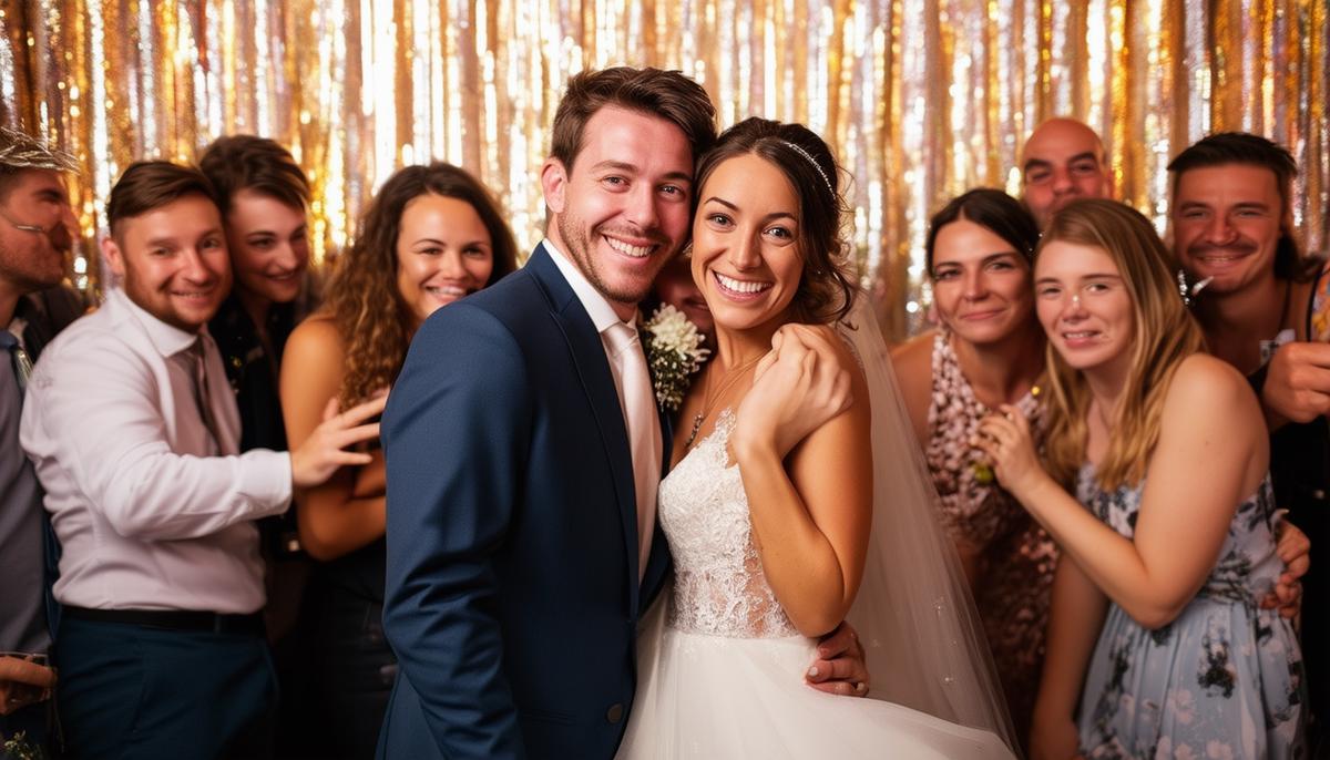 A happy newlywed couple posing in a photo booth, surrounded by wedding guests