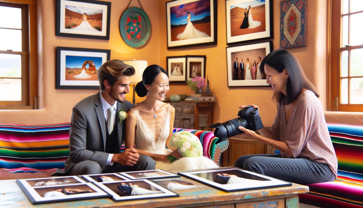 A joyful newlywed couple reviewing their wedding photos with their photographer in a cozy Albuquerque studio