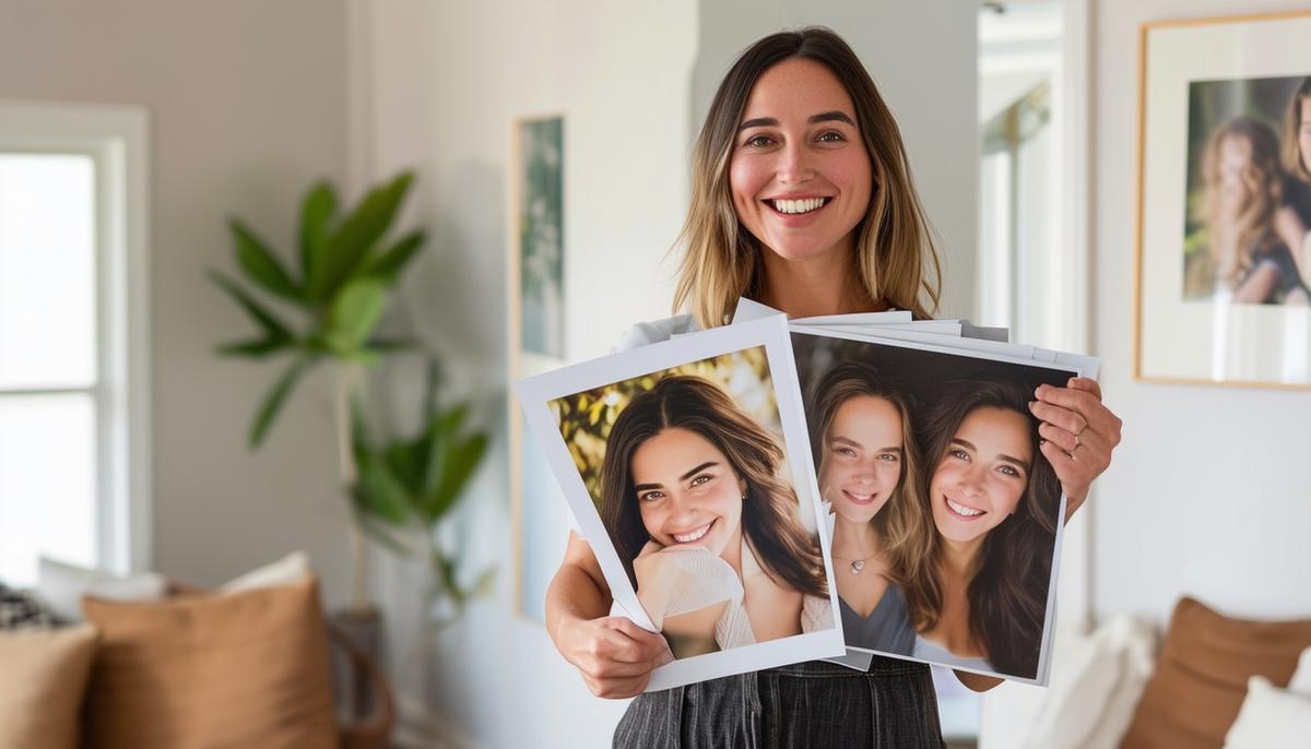 A smiling woman holding a set of beautifully printed portraits from her recent photo session. She appears delighted with the results and is standing in a bright, modern living space, suggesting she may display the prints in her home.