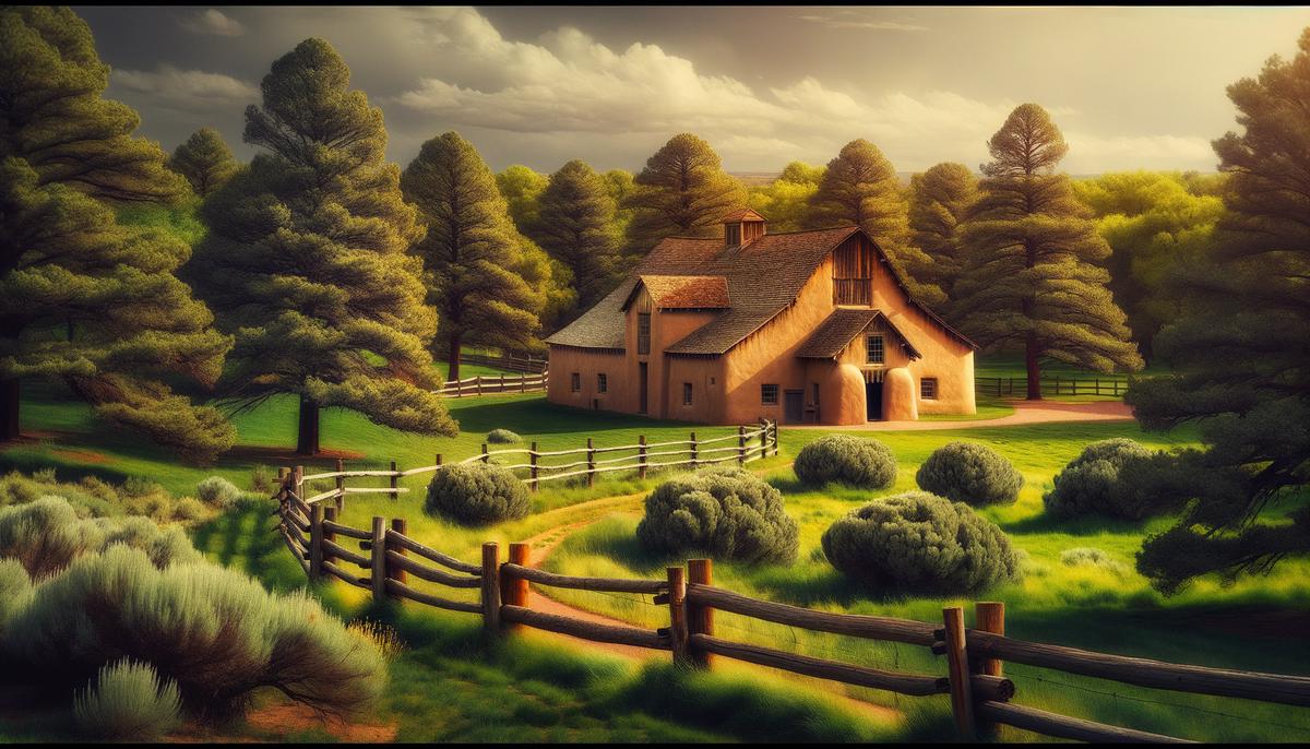 A picturesque scene at Hartnett Park with a rustic stucco barn surrounded by green fields and mature trees