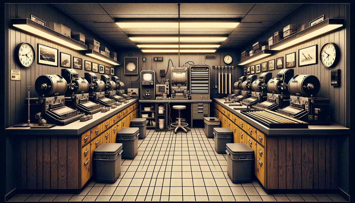 Interior of the Harwood Darkroom showing enlargers, safelights, and drying racks