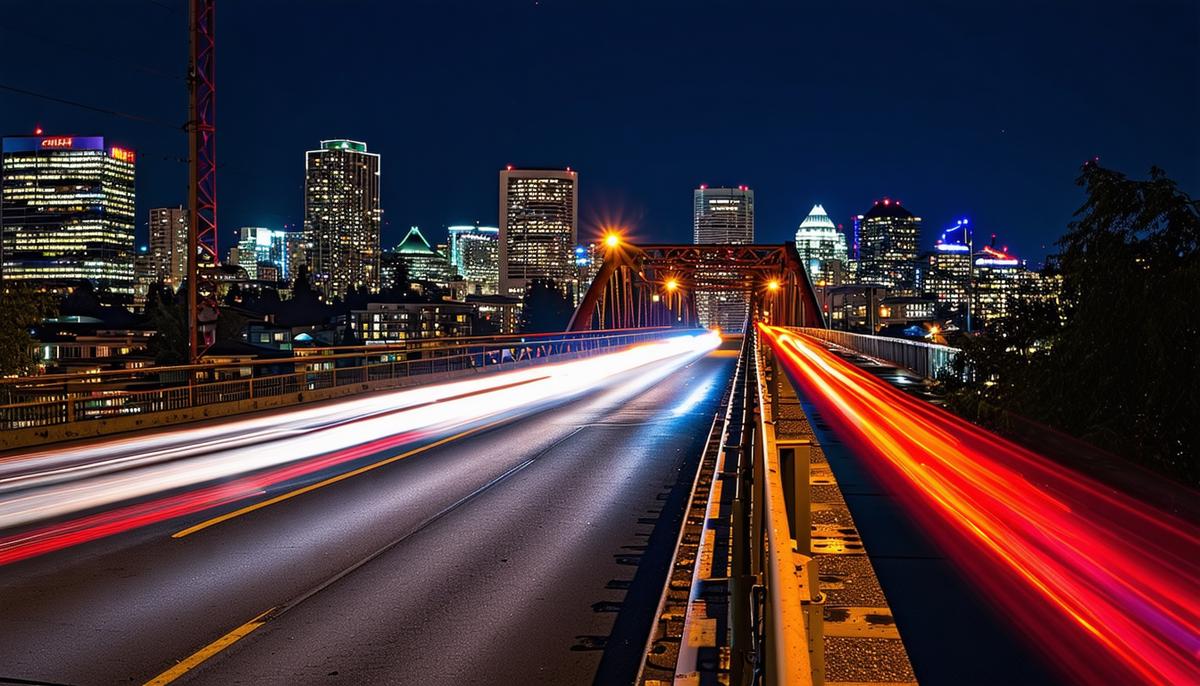 The Hawthorne Bridge in Portland at night, with light trails from cars and the city skyline in the background