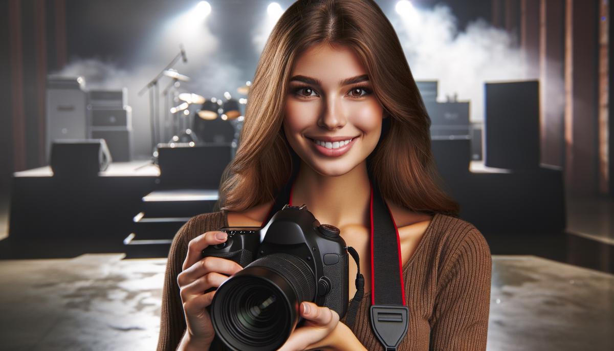 Portrait of Heather from Artisan Imagery, a female photographer with long brown hair, holding a professional camera