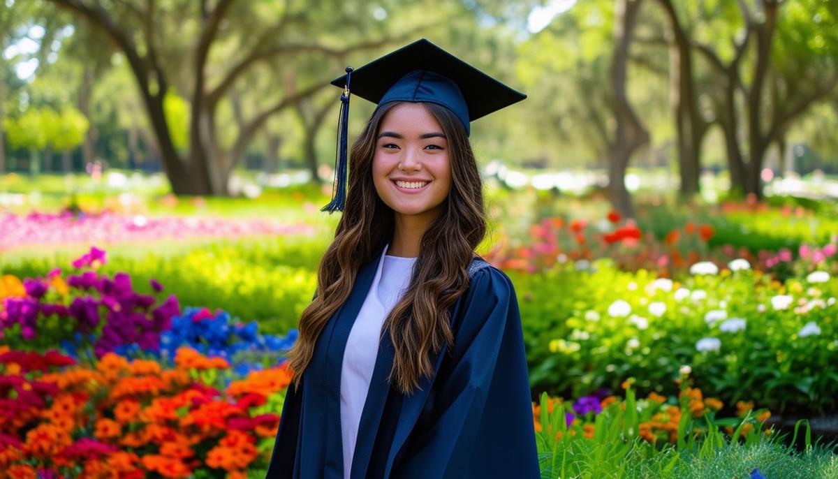 A college graduate in their cap and gown posing in front of the lush greenery and colorful flowers of the McGovern Centennial Gardens in Hermann Park, Houston.