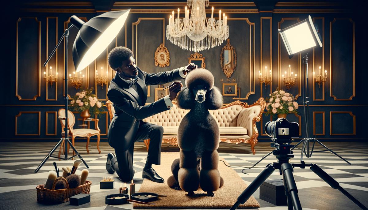 A luxurious pet photography studio setup with advanced equipment and a pampered poodle being photographed