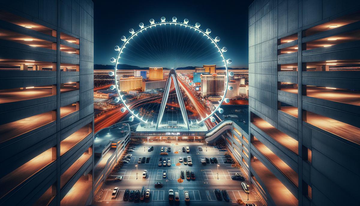 A striking view of the High Roller observation wheel in Las Vegas, as seen from a nearby hotel parking garage. The massive, illuminated wheel dominates the skyline, set against the backdrop of the glittering Las Vegas Strip. The unique vantage point from the utilitarian parking structure adds an element of unexpected beauty to the composition.