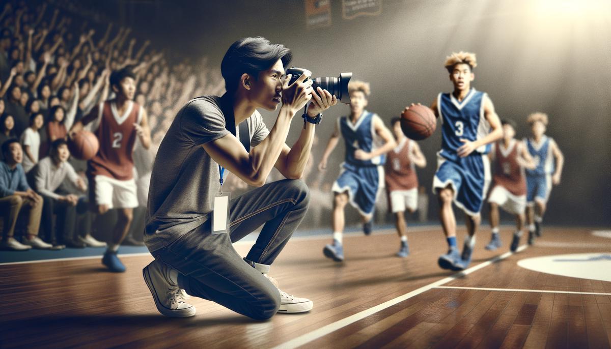 A young high school sports photographer capturing a dramatic moment during a basketball game