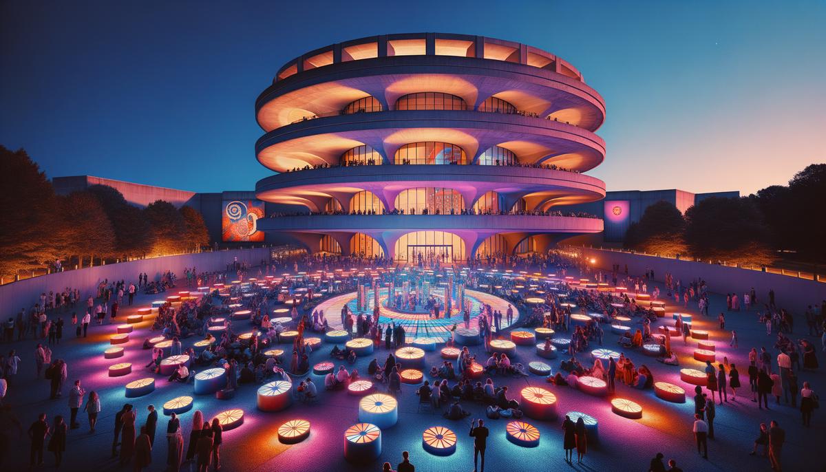 A night-time view of the Hirshhorn Museum during the Art All Night event, with colorful light installations and crowds of people