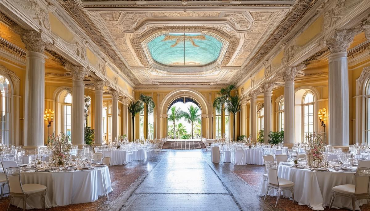 An opulent historic event venue in Miami, with grand architecture, intricate details, and a sense of timeless elegance