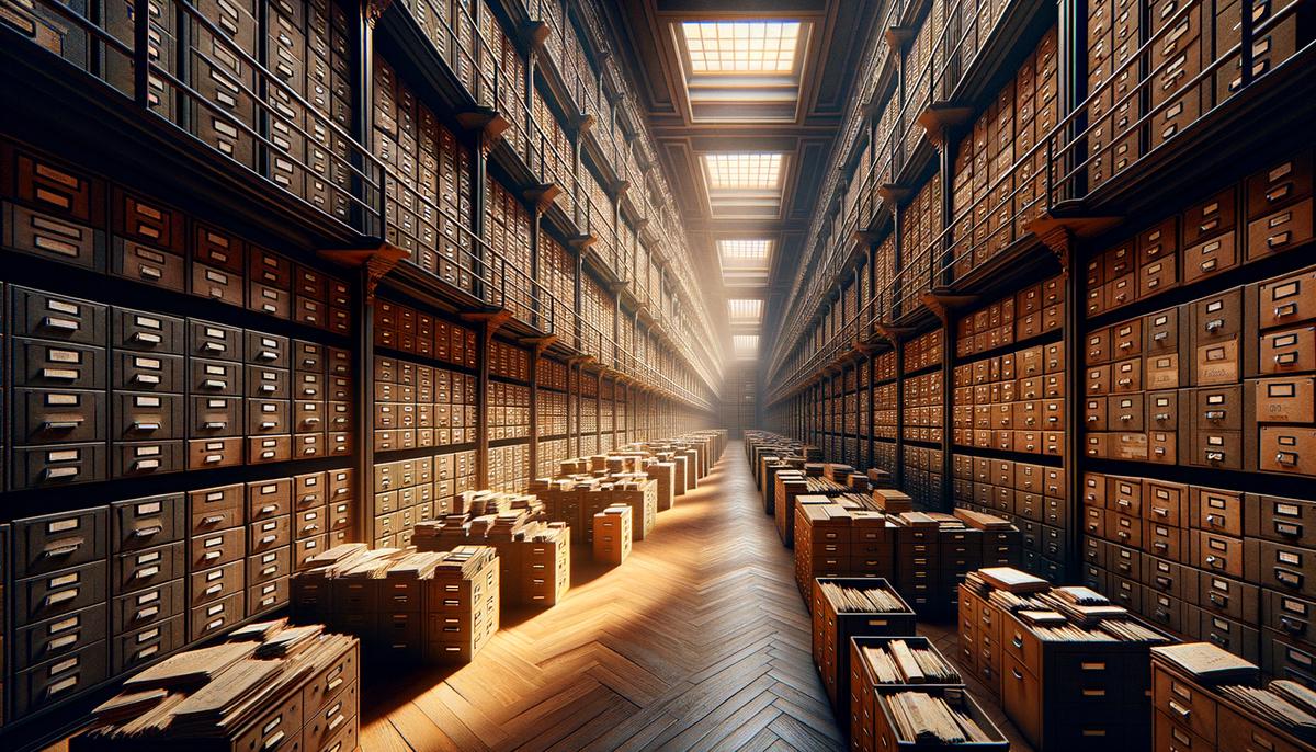 A vast archive room filled with shelves of historical photographs and negatives