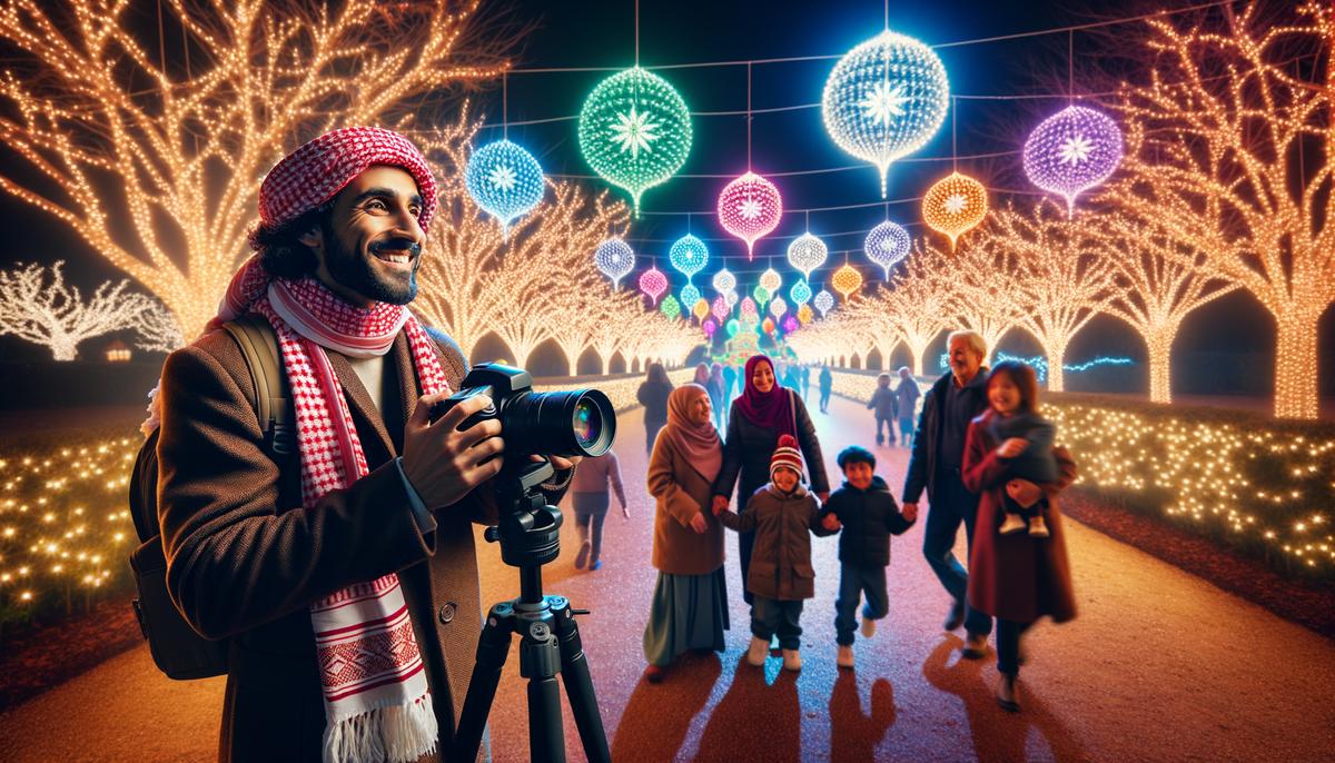 A photographer capturing a festive scene at the Minnesota Landscape Arboretum's Winter Lights event