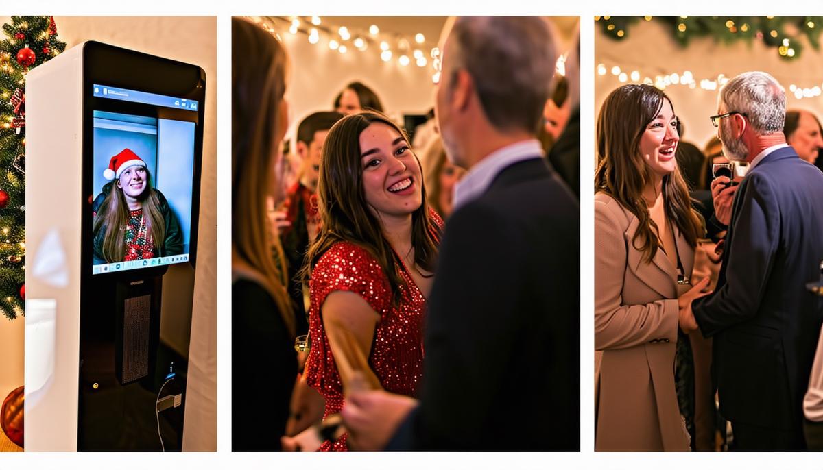 A split image showing a digital photo booth, a portrait session, and an event photographer in action at a holiday party