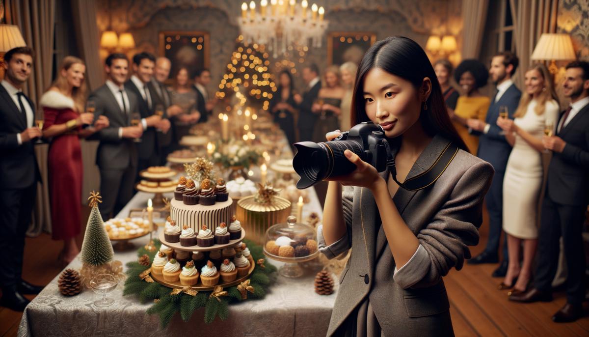 A professional photographer capturing intricate holiday decor and festive arrangements at a party