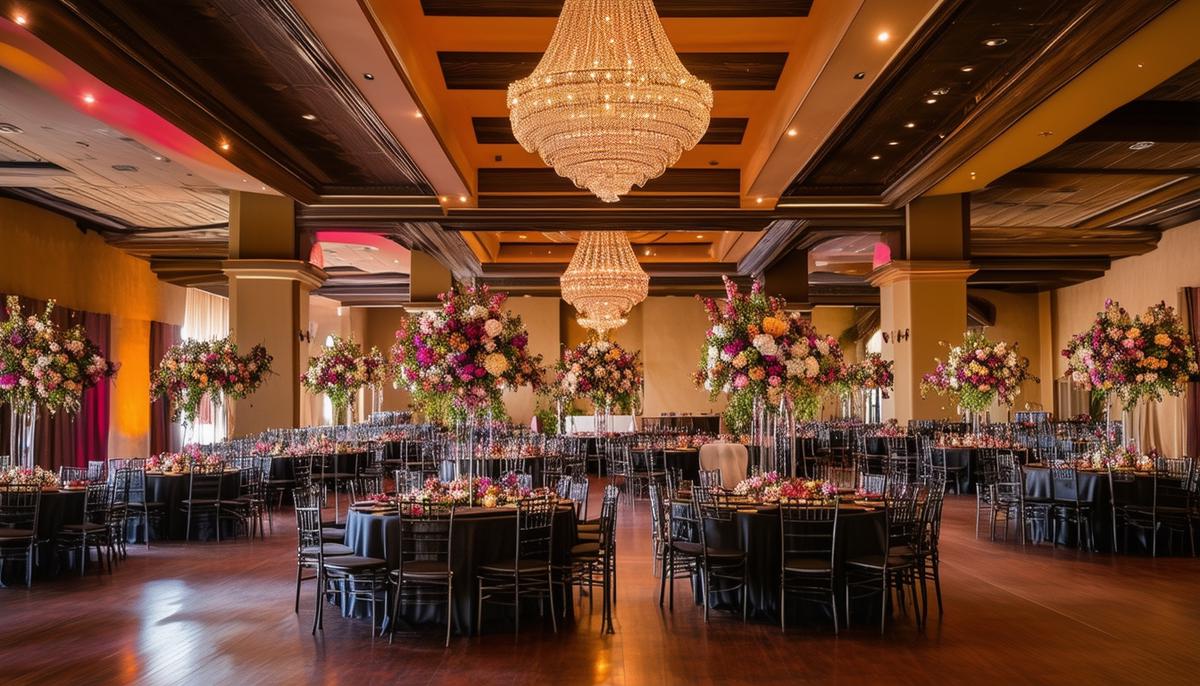 Elegant ballroom at Hotel Albuquerque at Old Town, set up for a gala event with tables, floral centerpieces, and chandeliers