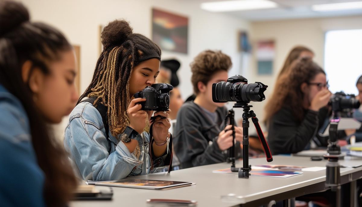 Students attending a class or workshop at the Houston Center for Photography, learning new techniques and skills.