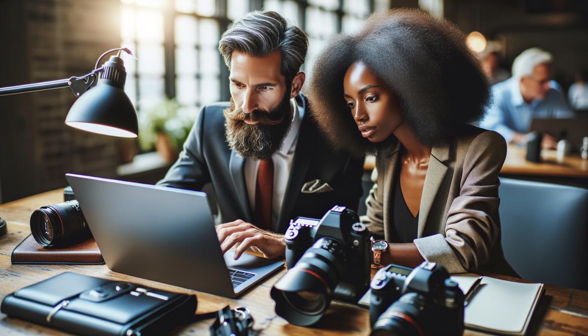 A Houston corporate event photographer engages in a detailed consultation with a client, discussing the event's scope, specific shot requests, and logistical details to ensure a seamless photography experience.