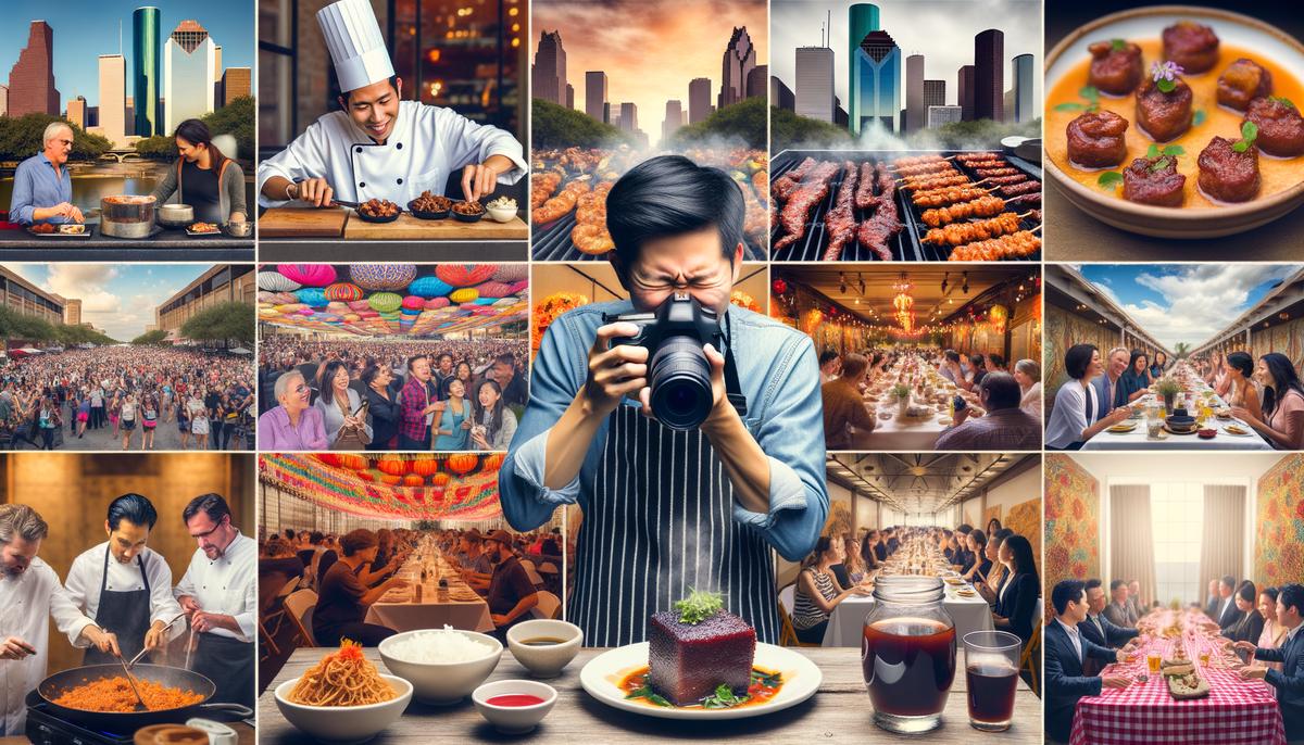 A vibrant image showcasing Houston's diverse culinary scene, featuring a skilled food event photographer capturing the essence of various cuisines and events, from traditional Texas BBQ to innovative international dishes, lively food festivals to elegant tasting events. The photographer is shown adapting to different settings, respecting cultural nuances, and creating visually appealing images that tell the story of Houston's rich food culture.