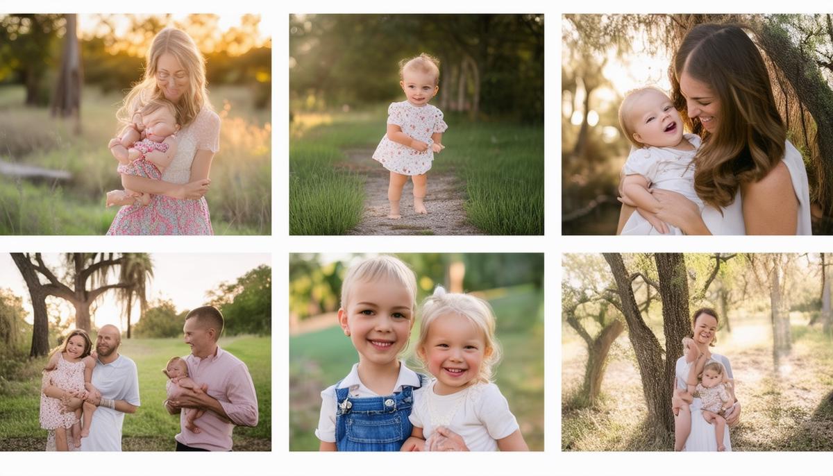 A montage of family photographs showcasing the diverse styles and approaches of Houston's talented family photographers, from candid and natural to dreamy and whimsical.
