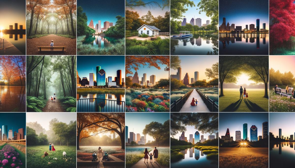 A collage of beautiful and unique locations around Houston where family photoshoots take place, from lush parks to urban settings, showcasing the diversity of backdrops available.